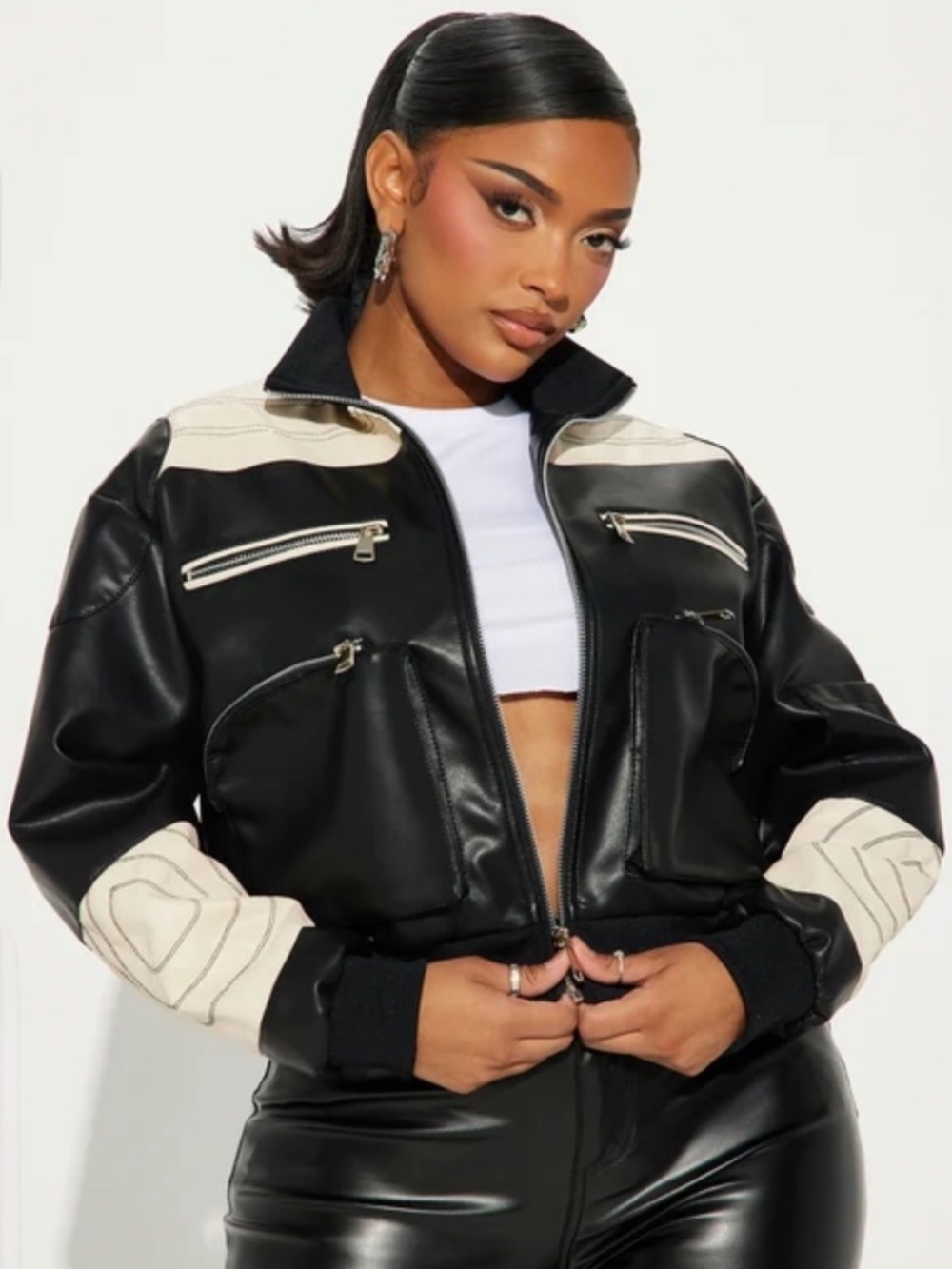be a good sport faux leather bomber jacket - black combo - fashion nova